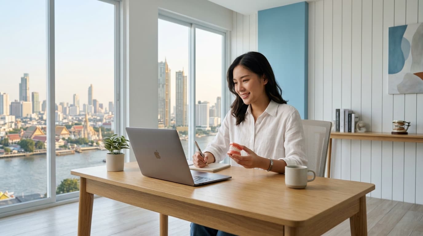 International dental patient using a laptop and tooth model during a virtual consultation with a Bangkok riverside view