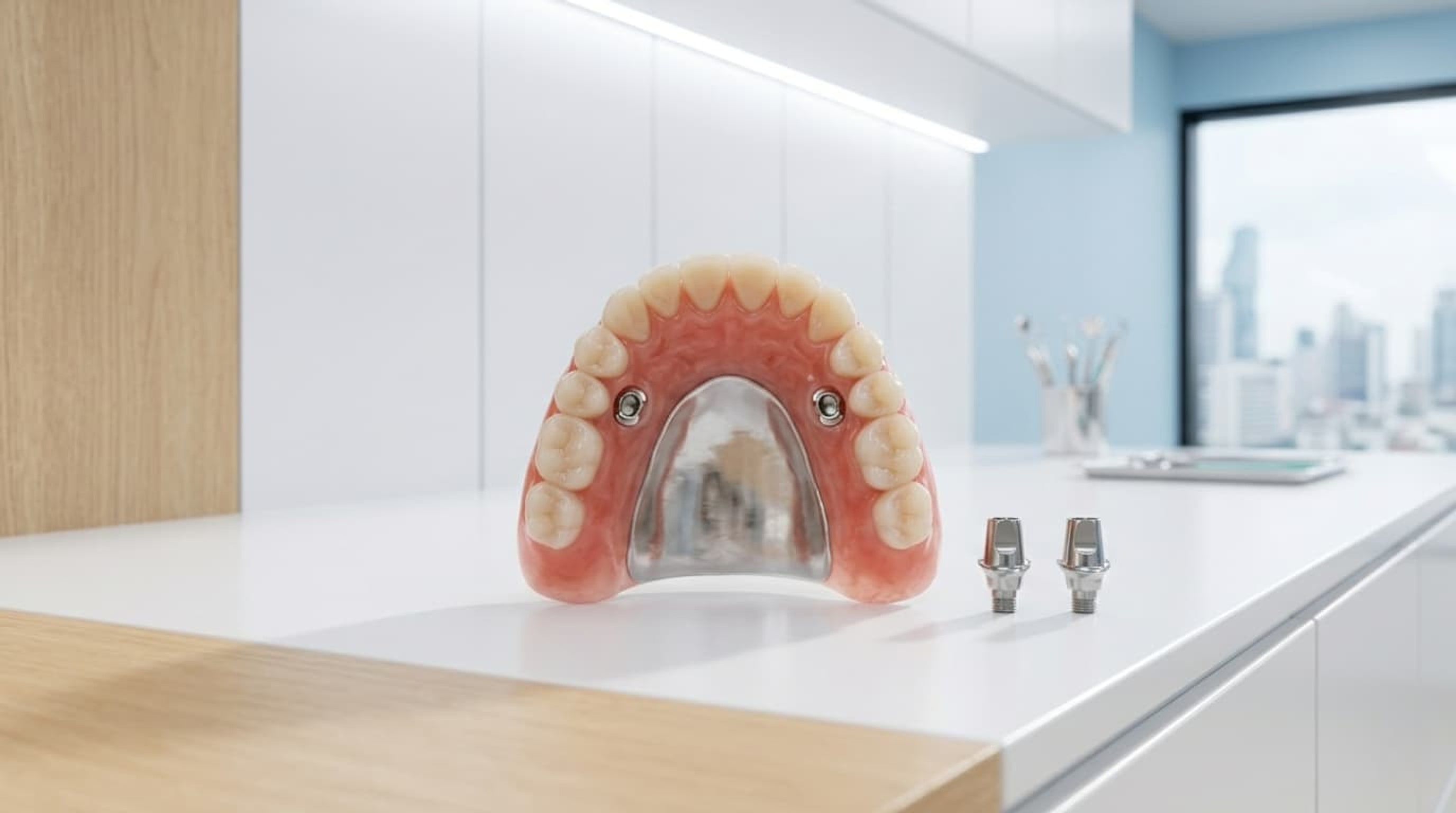 Implant-supported overdenture model with two abutments at our Bangkok clinic