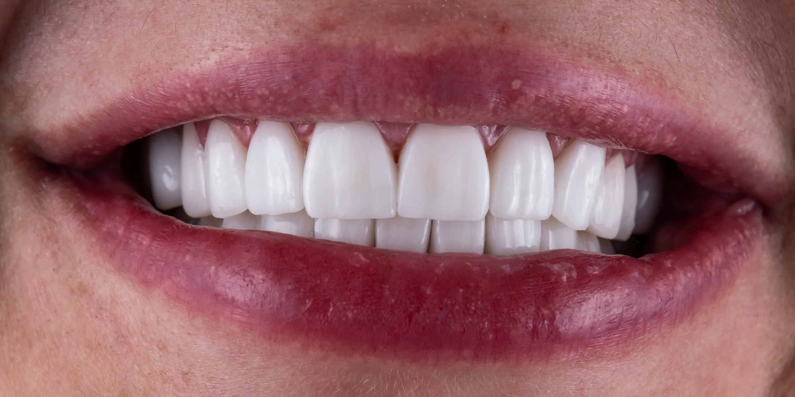 Close-up of a restored smile after a dental bridge, showing natural-looking replacement teeth