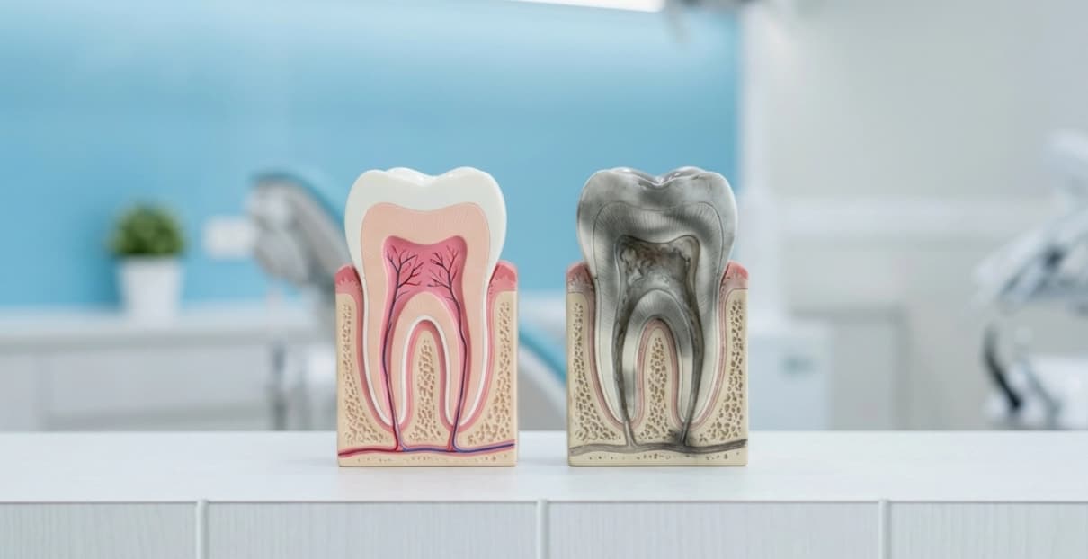 Cross-section comparison of a healthy tooth with pink pulp versus a dead tooth with darkened necrotic pulp