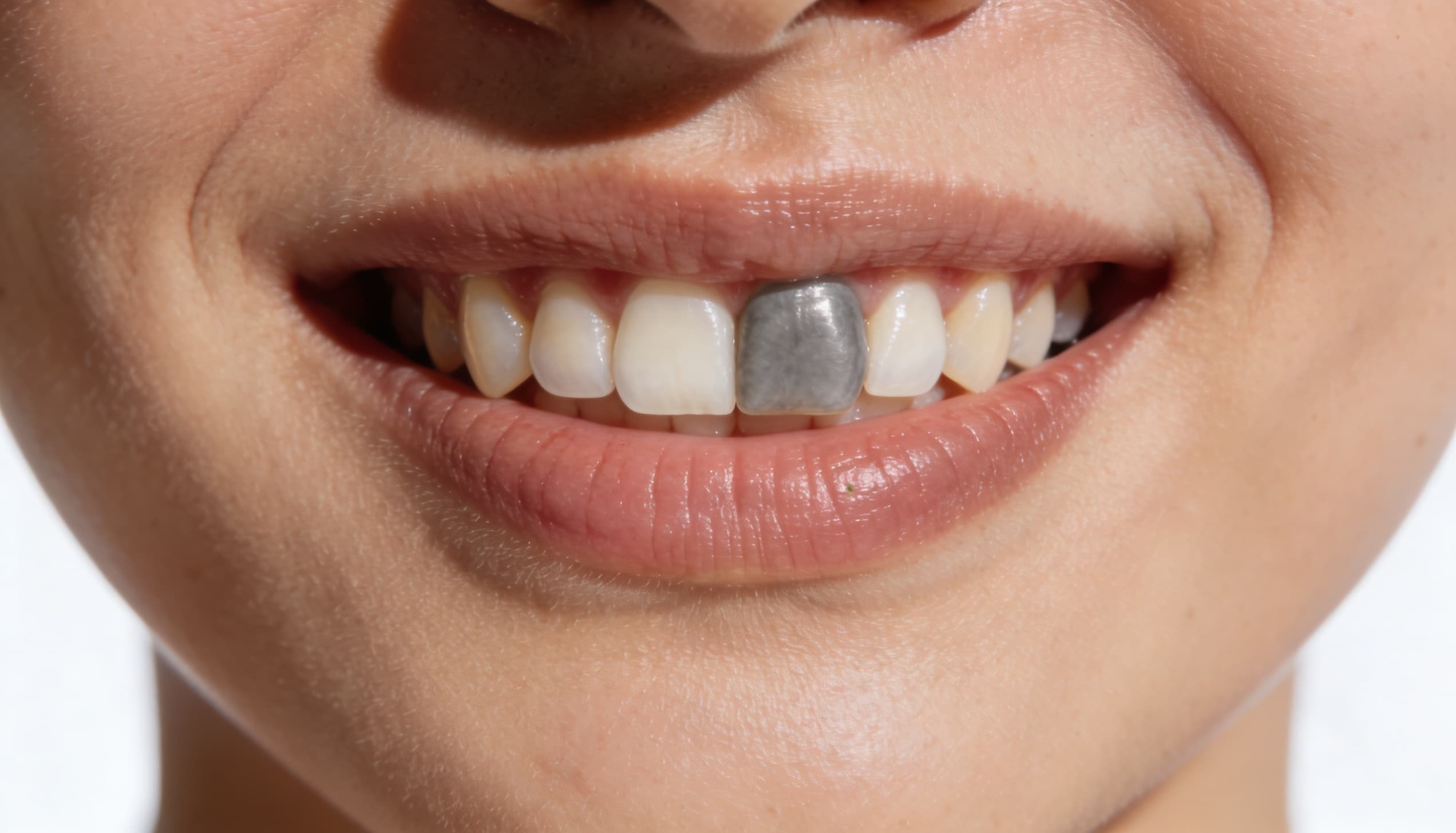 Close-up of a smile showing a single grey dead tooth among healthy white teeth