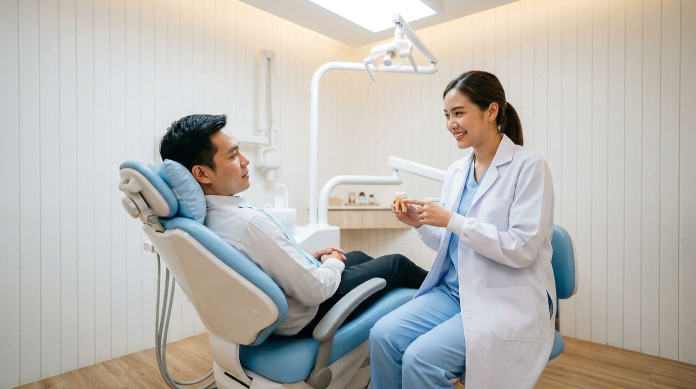 Dentist showing a tooth model to a male patient while explaining treatment options in a Bangkok clinic