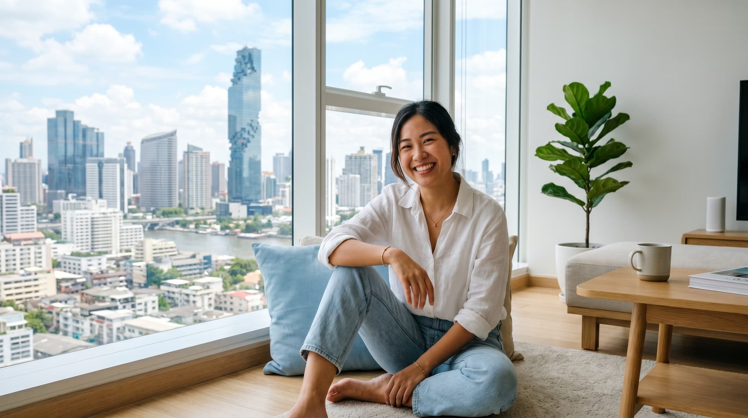 Smiling international patient relaxing in a modern Bangkok apartment after dental treatment