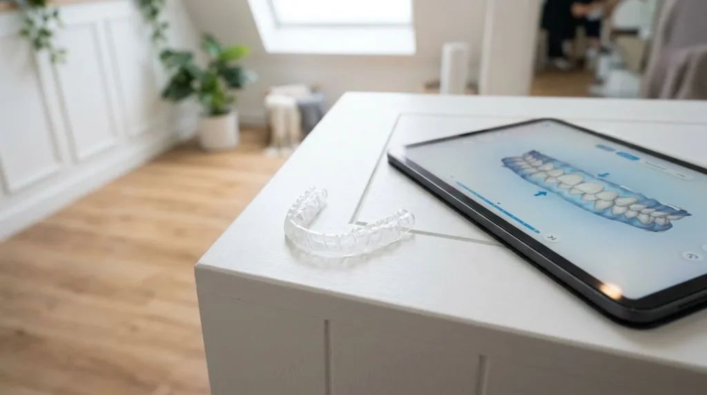 Clear aligner tray and 3D dental scan on tablet at Bangkok orthodontic clinic