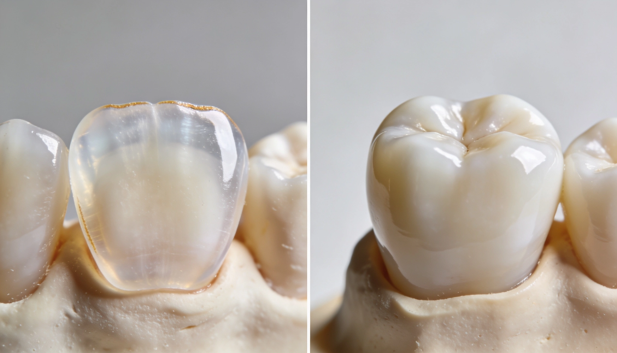 Side by side comparison of porcelain veneer and dental crown on tooth model