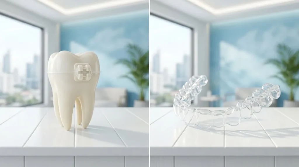 Damon braces tooth model and Invisalign clear aligner side by side comparison