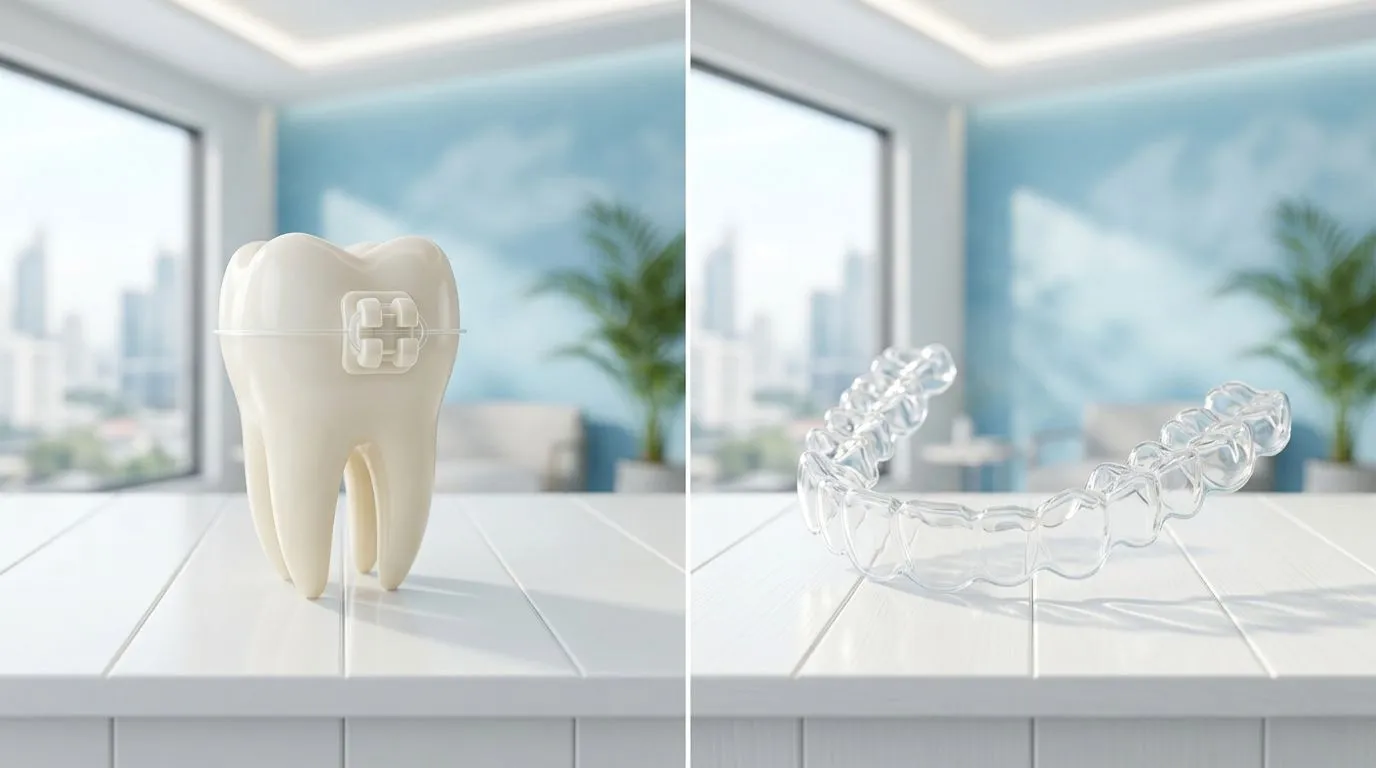 Damon braces tooth model and Invisalign clear aligner side by side comparison