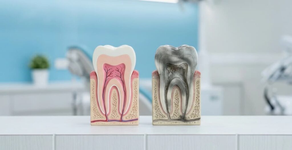 Cross-section comparison of a healthy tooth with pink pulp versus a dead tooth with darkened necrotic pulp
