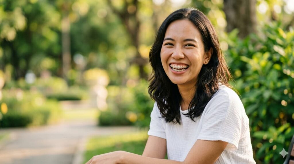 Smiling Asian man in a grey t-shirt with straight white teeth after orthodontic treatment