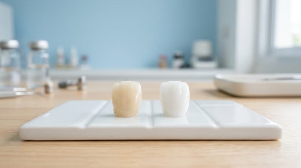 Two dental crowns side by side on a white tray showing E-max and zirconia material differences
