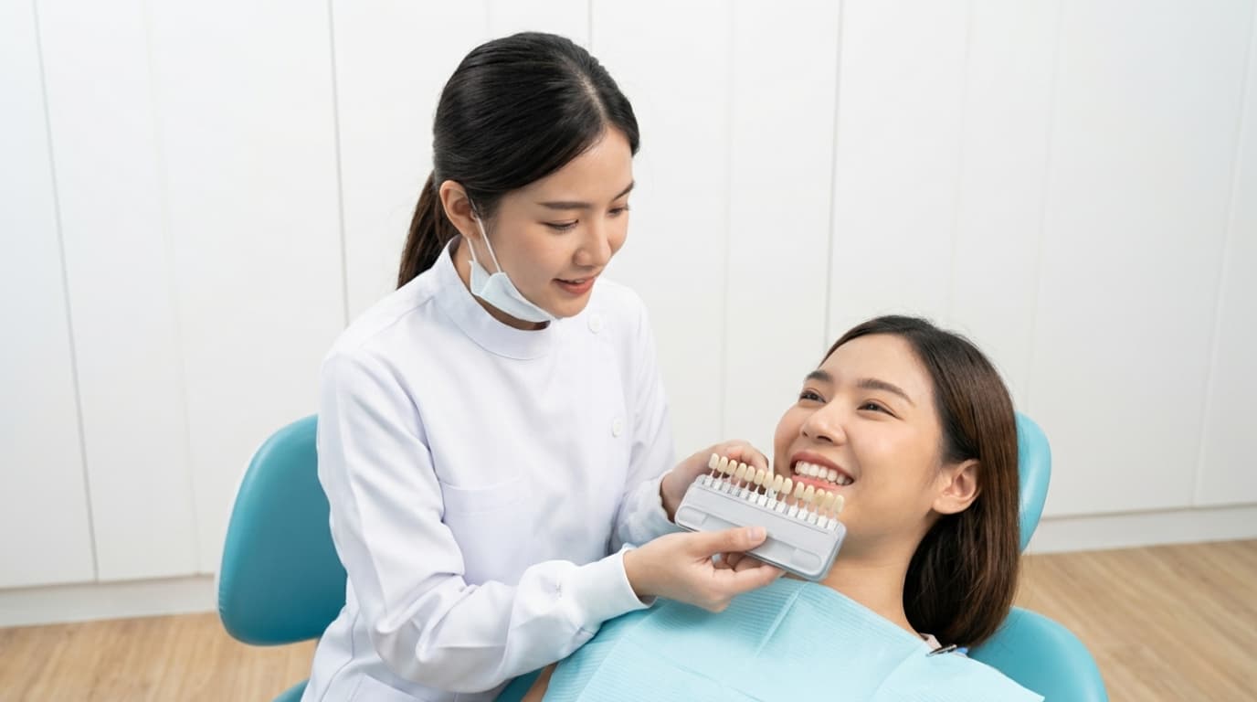 Bangkok prosthodontist showing a shade guide to a female patient to color-match a new dental crown