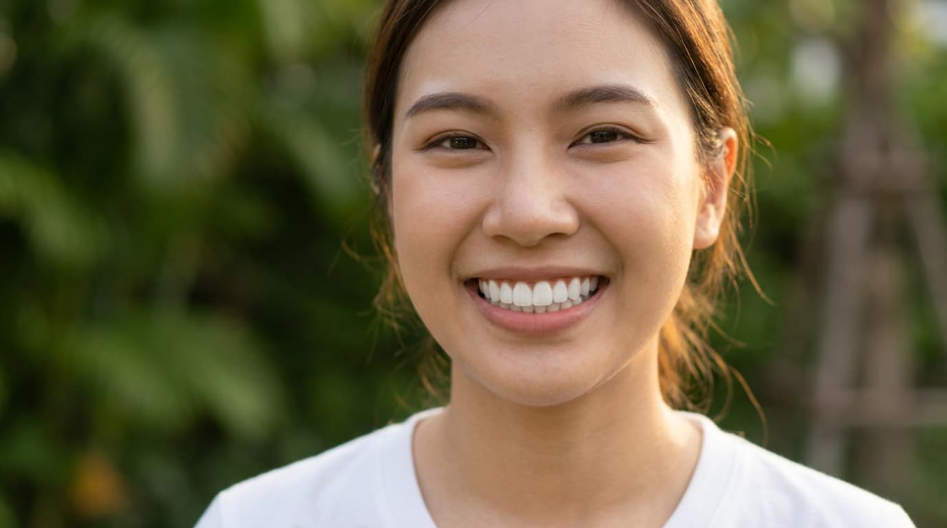 Smiling woman with natural-looking white teeth after dental crown treatment in Bangkok