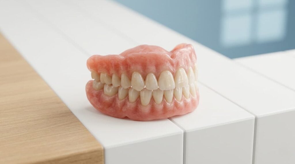 Complete upper and lower dentures with pink acrylic base and natural-looking white teeth on a clinical display