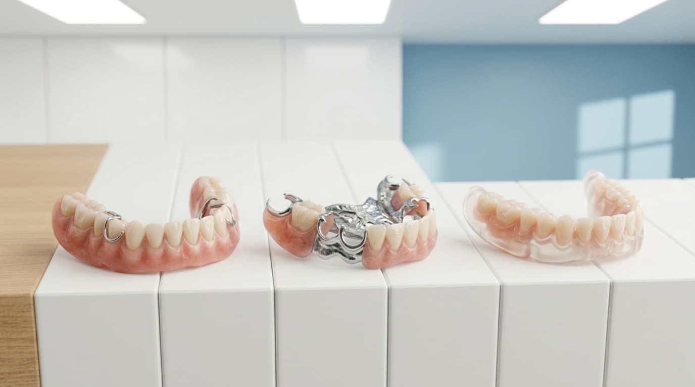 Three types of partial dentures side by side: acrylic with metal clasps, cast metal framework, and flexible Valplast denture