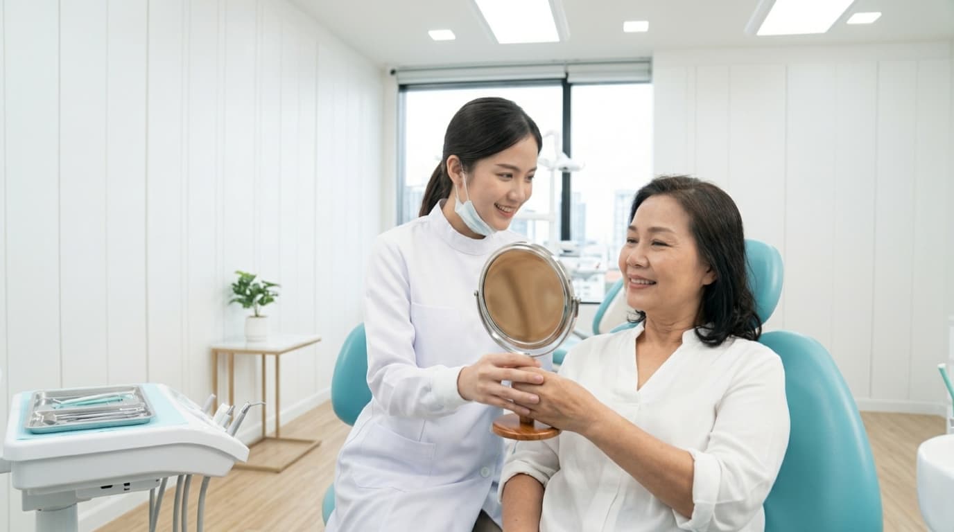 Bangkok dentist showing a mature female patient her new dentures in a hand mirror during the final fitting appointment