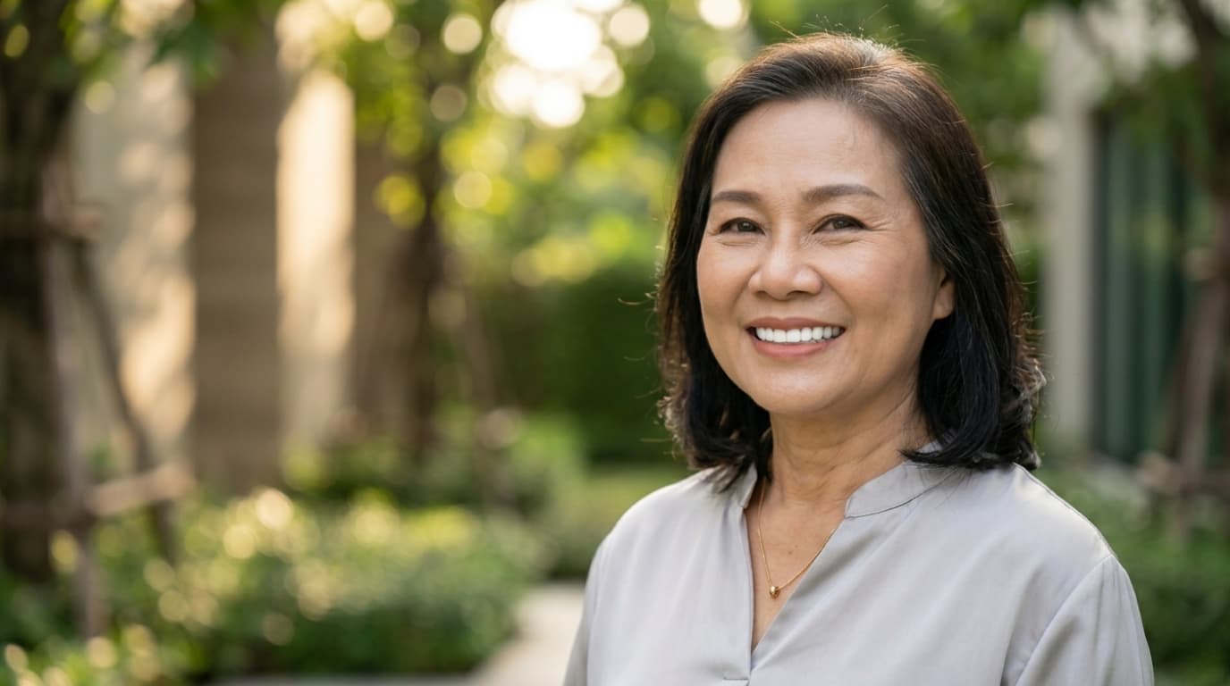 Mature Asian woman with a confident natural smile after dental restoration showing modern denture aesthetics
