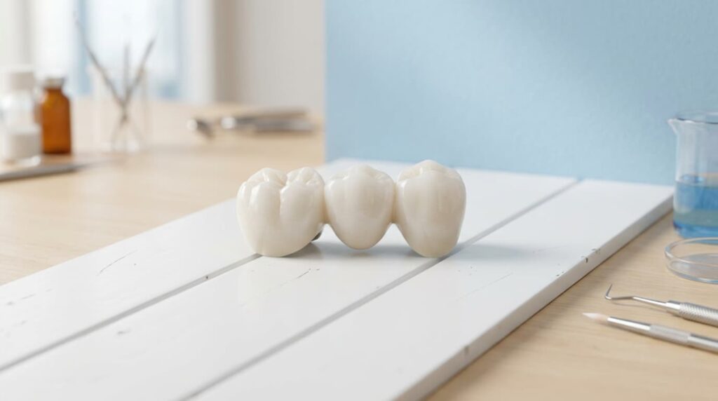 Three-unit zirconia dental bridge on a white tray in a Bangkok dental laboratory before cementation