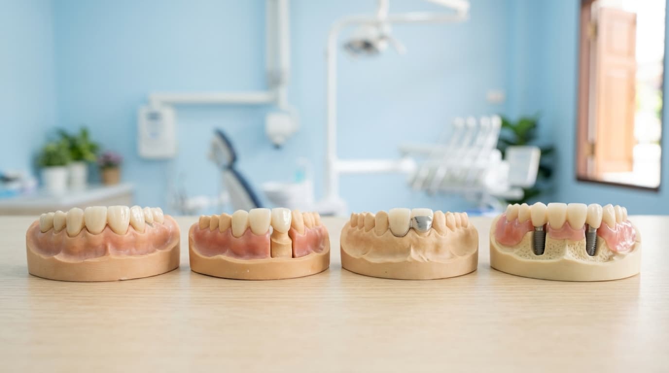Four dental study models showing different bridge types: traditional, cantilever, Maryland, and implant-supported bridges