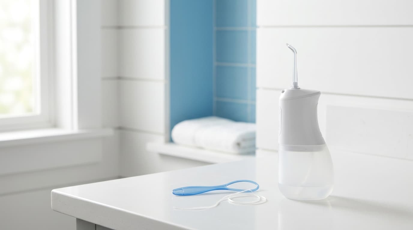 Water flosser and floss threader on a bathroom counter, the essential tools for cleaning under a dental bridge