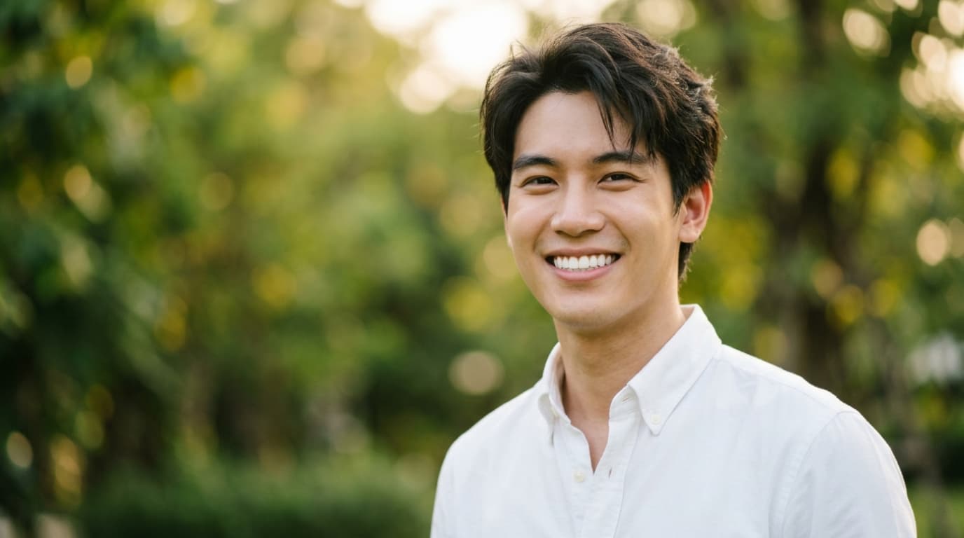 Young Asian man with a natural confident smile after dental bridge restoration showing seamless aesthetic results